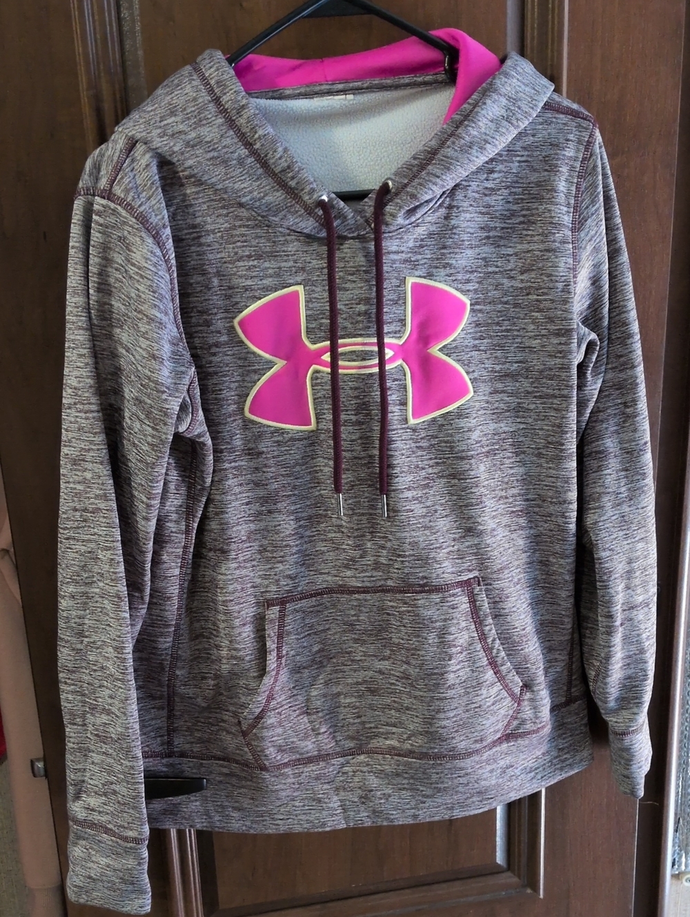 Under Armour Women's Heathered Gray Hoodie with Pink Logo-Size Small